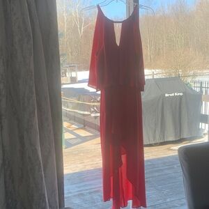 Adrianna Papell Cherry Red High-Low Ruffle V-Neck Dress